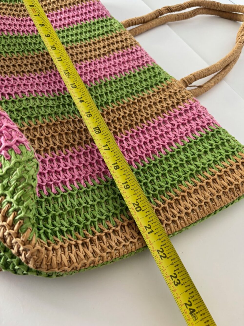 A New Day Striped Woven Straw Tote Bag Pink Green Tan Crochet Shoulder Handbag - Picture 7 of 9